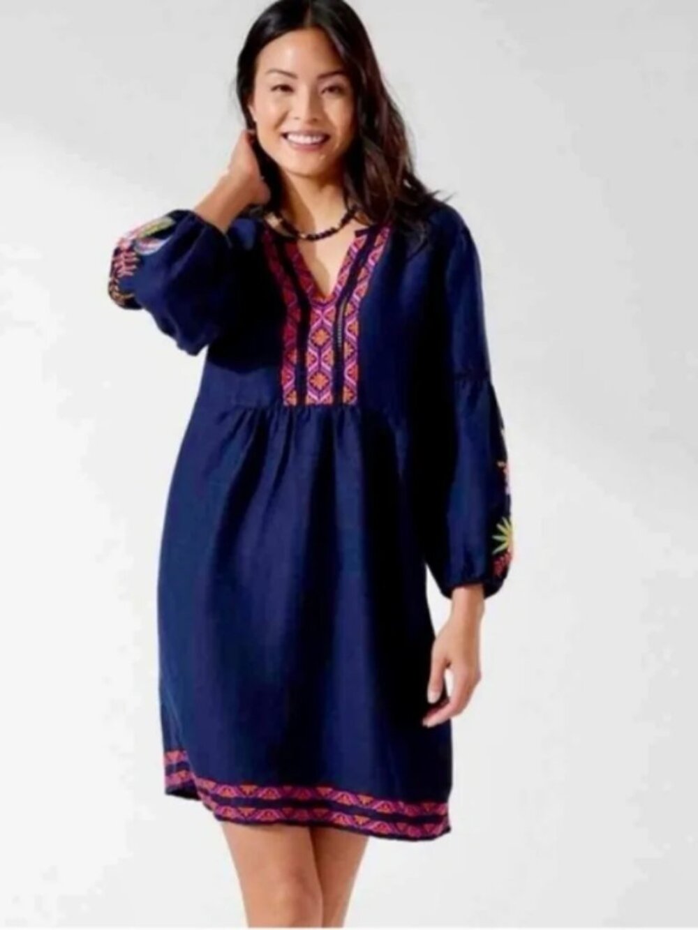 Tommy Bahama | Embroidered Linen Blend Balloon Sleeve Navy Blue Tunic Dress L